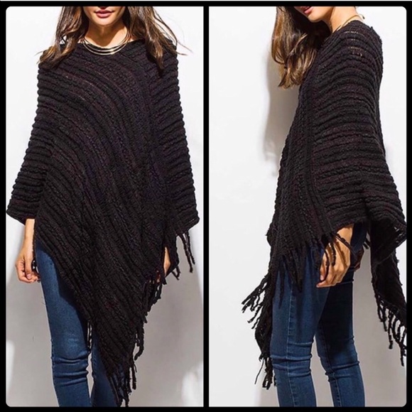 <LAST>Fabulous Black Soft Knit Fringe Poncho Wrap - Picture 2 of 3